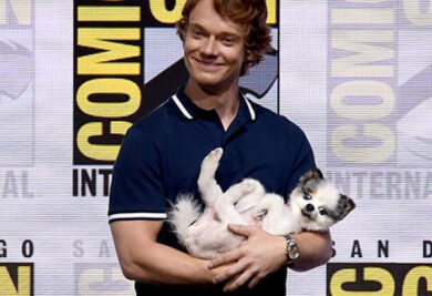 O ator de Game Of Thrones arrancou suspiros do público ao entrar na convenção com sua cadelinha no colo como um bebê.(Foto: Reprodução / Daily Mail UK / Getty Images)