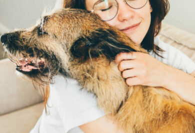 Positive brunette lady in white t-shirt with glasses hugs and strokes adorable old grey dog sitting on comfortable couch in light living room at home.