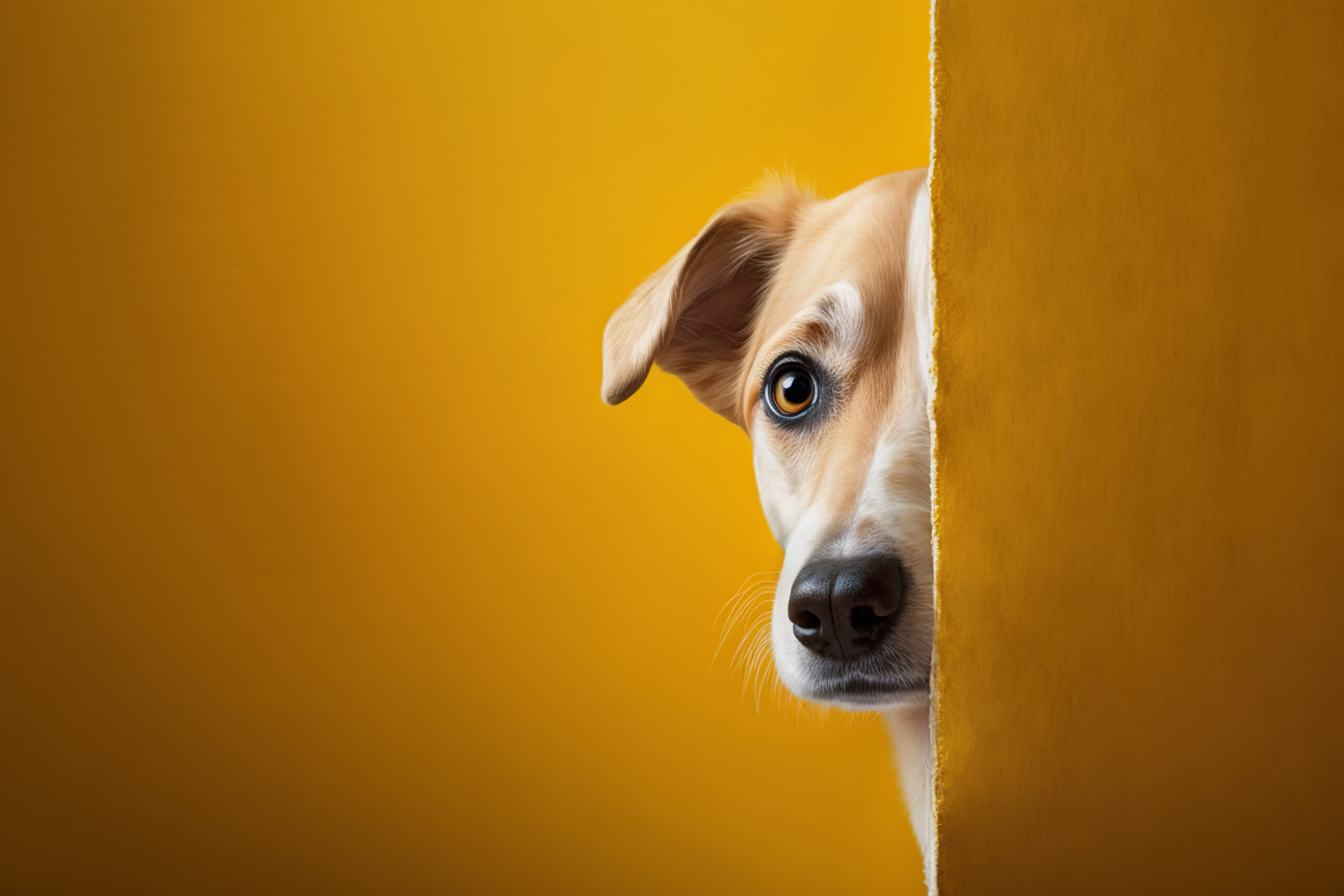 Cute dog peeking out of a hole in a yellow wall. Generative AI