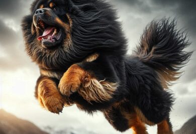Cachorro Mastim Tibetano saltando. Foto: Pixabay.